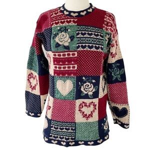 Vintage Crewneck Pullover Knit Sweater Floral Heart Patches Women Size XS Small